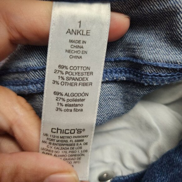 Chicos Jeans Womens 1 US 8 Blue Girlfriend Slim Leg Ankle Stretch Patchwork - Picture 3 of 14